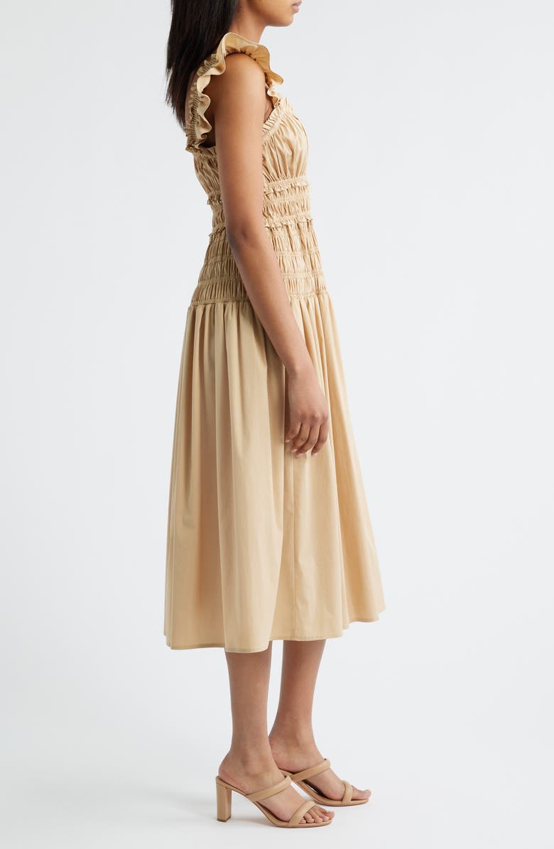 Anne Klein Smocked Ruffle Trim Midi Dress, Alternate, color, Desert Tan