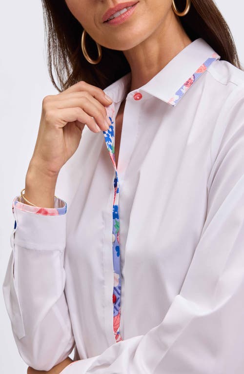 Foxcroft Charlie Floral Trim Cotton Blend Button-up Shirt In White
