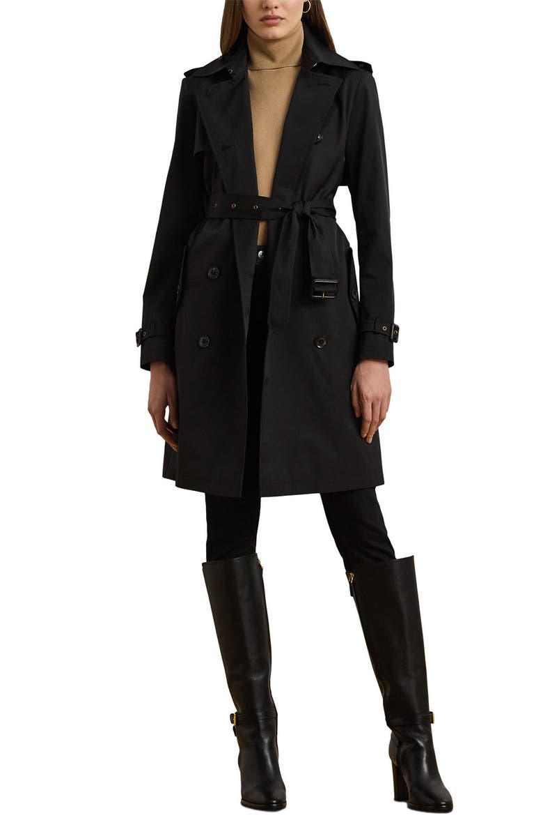 Lauren Ralph Lauren Double Breasted Belted Cotton Blend Trench Coat, Main, color, Black