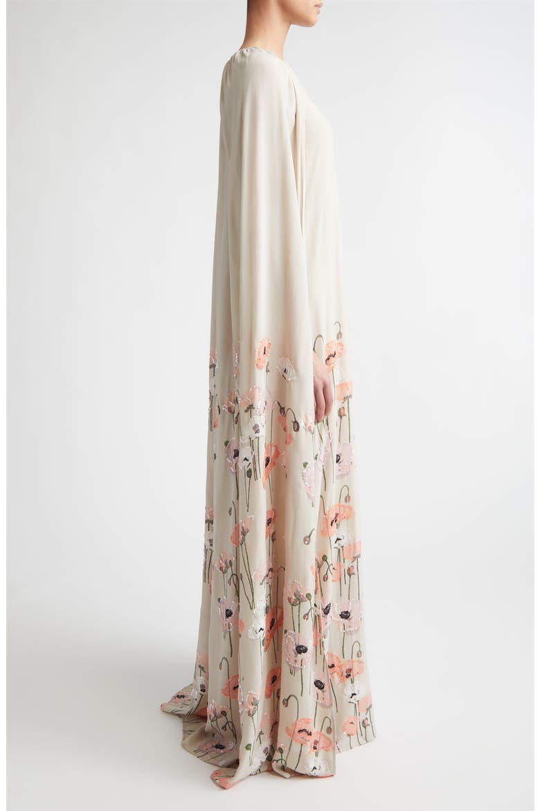 Minnie Embroidered Cape Gown, Alternate, color, PINK CORAL POPPIES