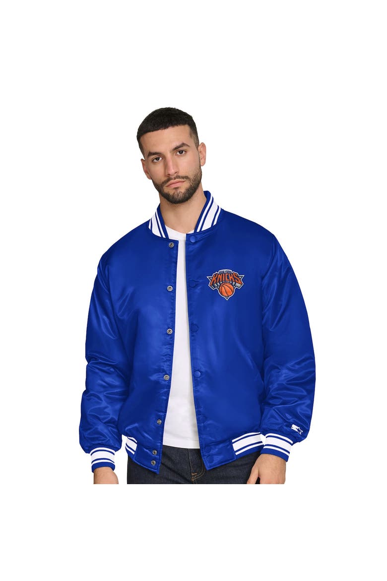 Men's Starter Blue New York Knicks Final Buzzer Satin Varsity Full-Snap Jacket, Main, color, Blue