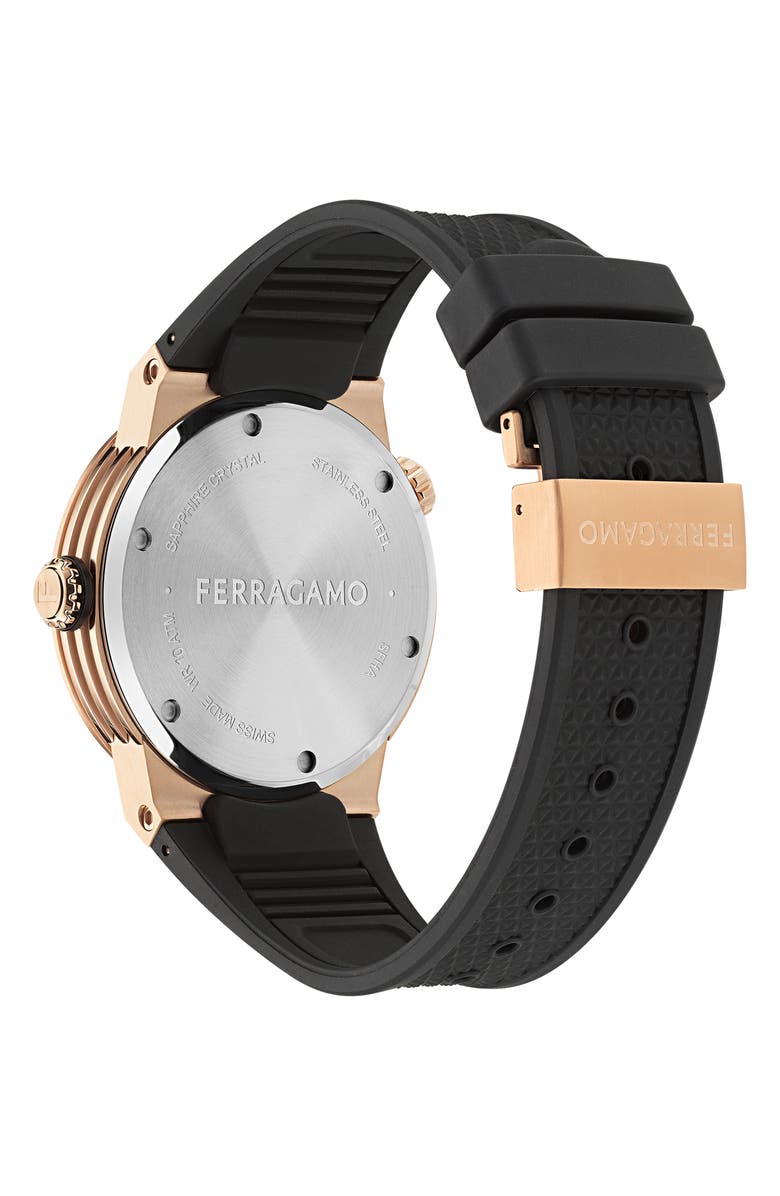 FERRAGAMO F-80 GMT Worldtime Silicone Strap Watch, 43mm, Alternate, color, Ip Rose Gold