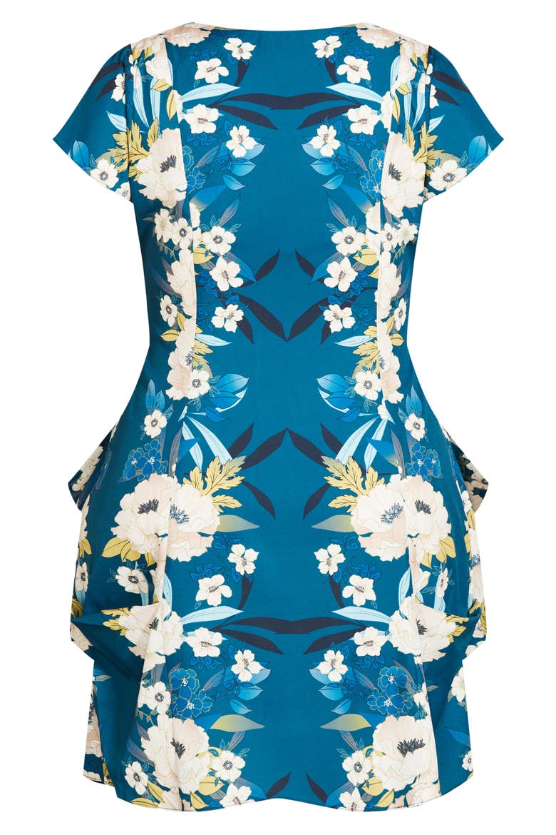 Emma Floral V-Neck Fitted Tunic Dress, Alternate, color, TEAL MIRROR BLOOM