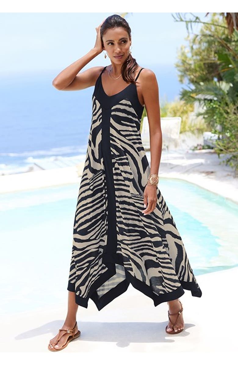 LASCANA Women's Color Block Trim Print Dress, Alternate, color, Ivory Navy