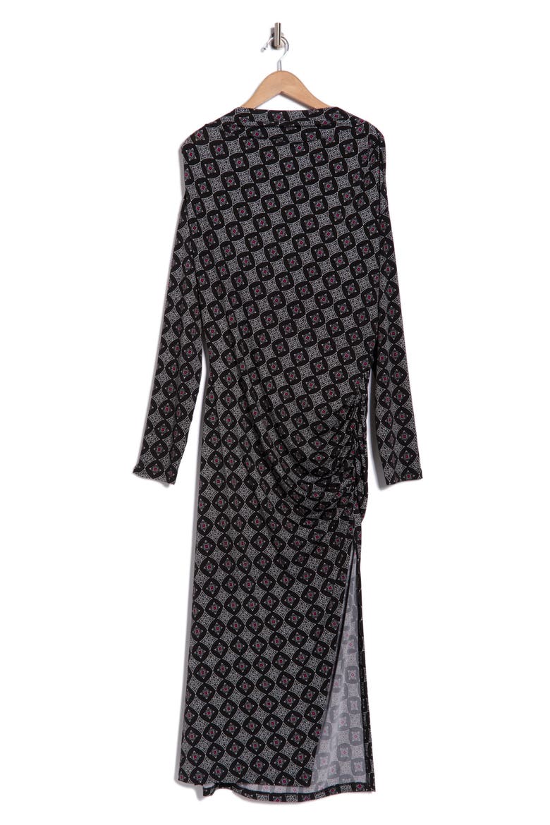 Long Sleeve Geo Ruched Midi Dress, Alternate, color, BLACK