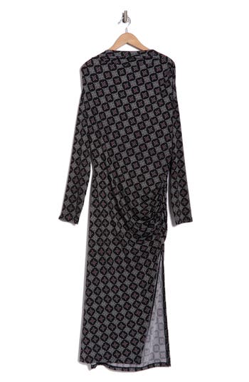 Renee C Long Sleeve Geo Ruched Midi Dress In Black