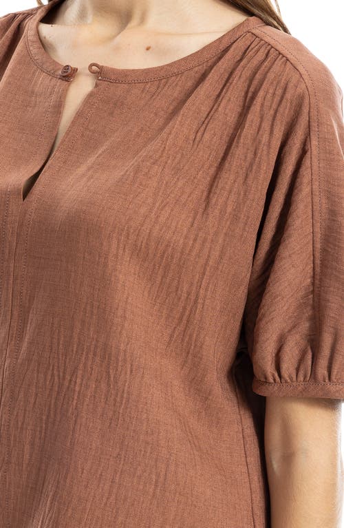Max Studio Short Sleeve Split Neck Blouse In Chestnut