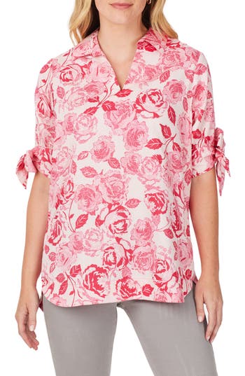 Foxcroft Emma Vintage Rose Bow Sleeve Cotton Tunic Blouse In Pink