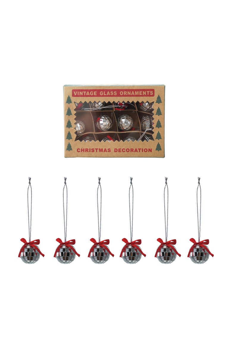 12-Piece Foam and Glass Mini Mirror Ball Ornaments with Bow, Silver Finish and Red,, Main, color, Red