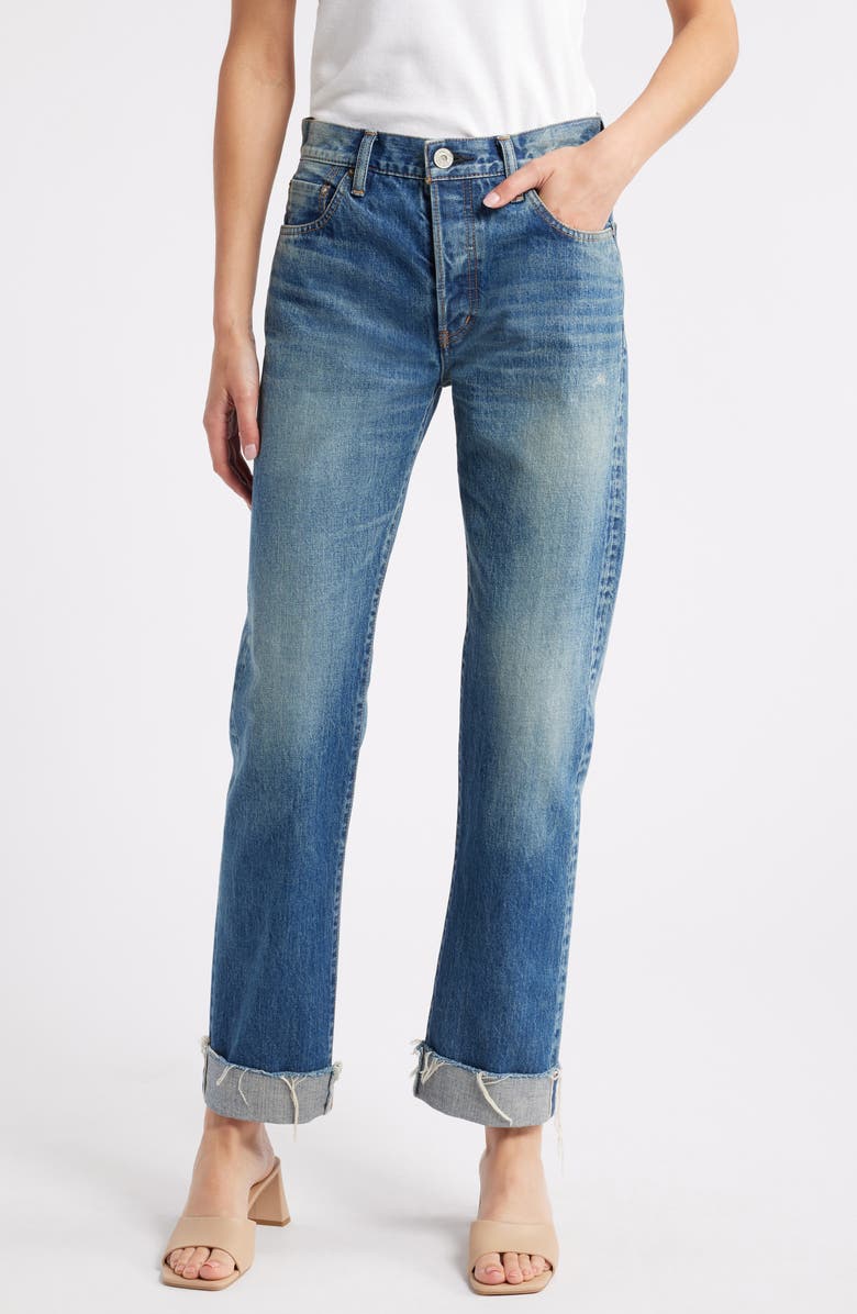 MOUSSY VINTAGE Hopewell High Waist Cuffed Raw Hem Straight Leg Jeans, Main, color, Dark Blue