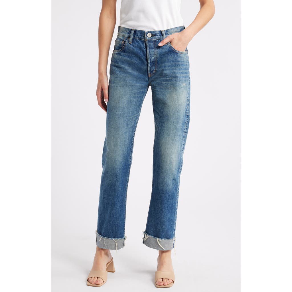 MOUSSY Hopewell High Waist Cuffed Raw Hem Straight Leg Jeans in Dark Blue  product