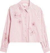 Cinq à Sept Rose Stripe Beaded Flower Button-Up Shirt