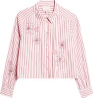 Cinq à Sept Rose Stripe Beaded Flower Button-Up Shirt