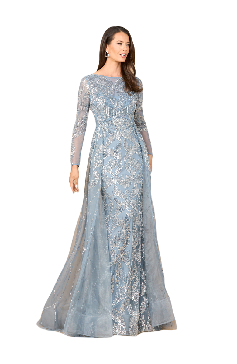 LARA New York Long Sleeve Gown with Overskirt & High Neck, Main, color, Slate