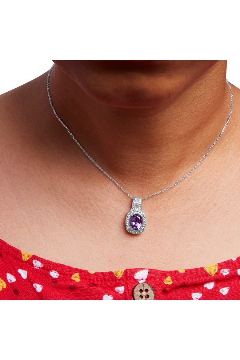 Silver 9x7mm Oval Purple Amethyst and Diamond Accent Fashion Drop Pendant Necklace, Alternate, color, White