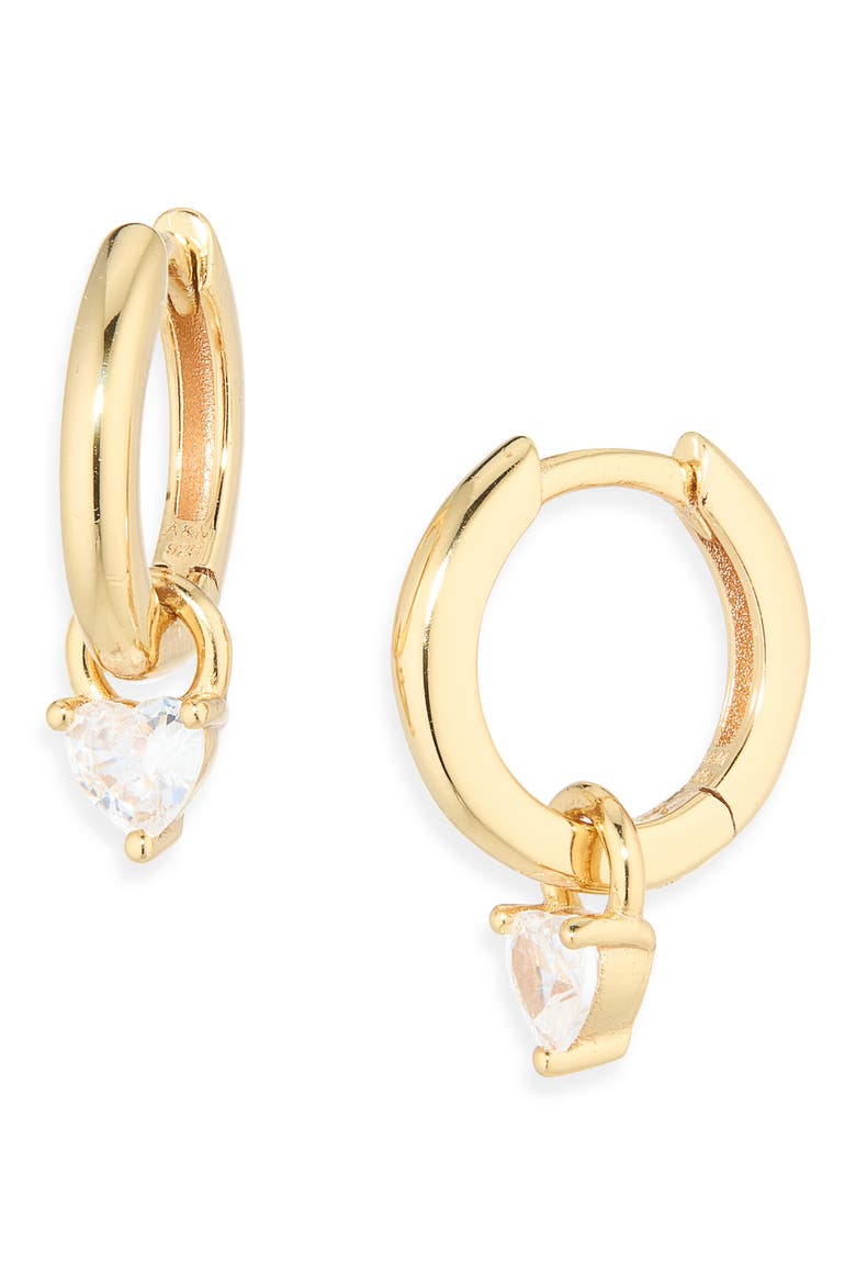 Heart Crystal Charm Huggie Hoop Earrings, Main, color, GOLD