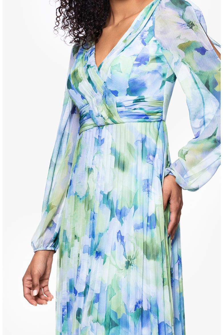 Floral Long Sleeve Pleated Gown, Alternate, color, BLUE/ MULTI