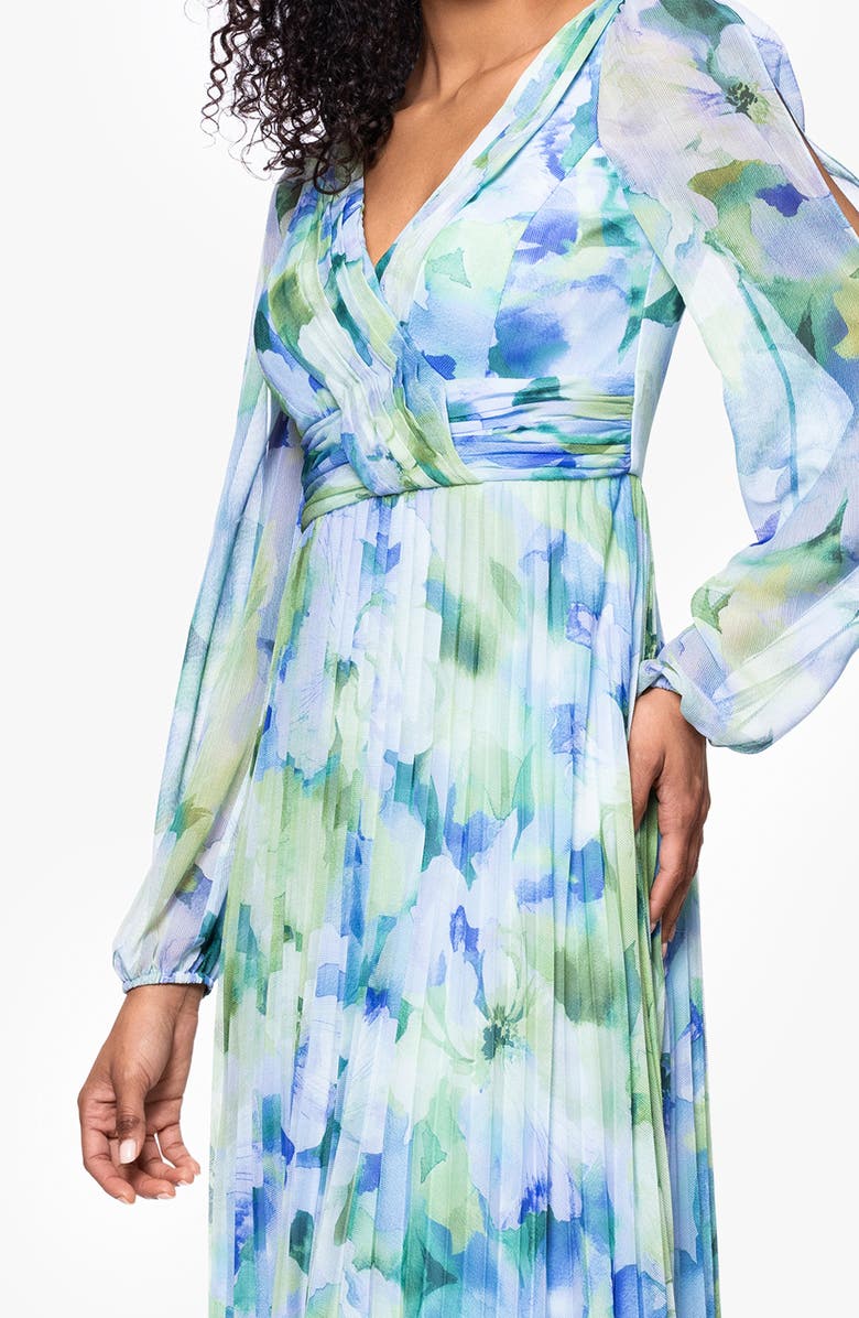 Betsy & Adam Floral Long Sleeve Pleated Gown, Alternate, color, Blue/ Multi