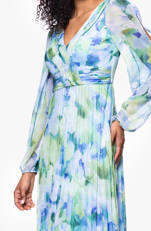 Betsy & Adam Floral Long Sleeve Pleated Gown In Blue/multi