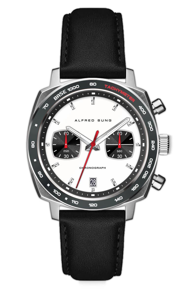 Chronograph Quartz Leather Strap Watch, 44mm, Main, color, WHITE/ BLACK