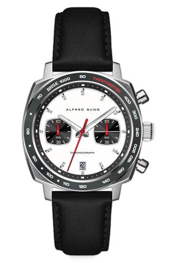 Alfred Sung Chronograph Quartz Leather Strap Watch, 44mm In Black