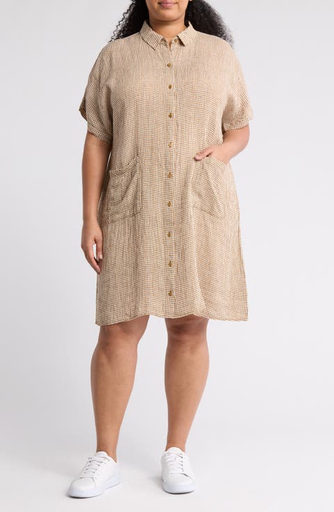 Check Organic Linen Button-Up Dress (Plus)