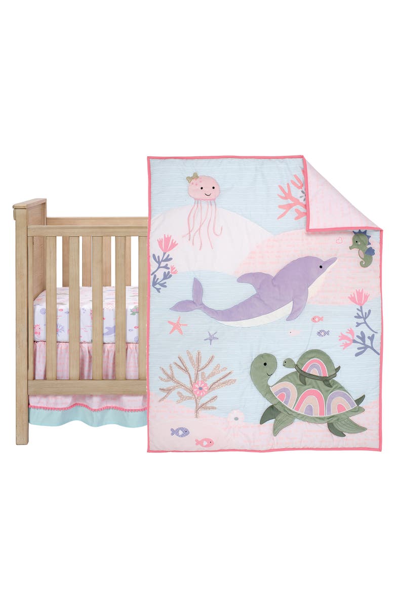 Sea Dreams 3-Piece Dolphin/Turtle Nautical Baby Crib Bedding Set, Main, color, Pink Multicolor