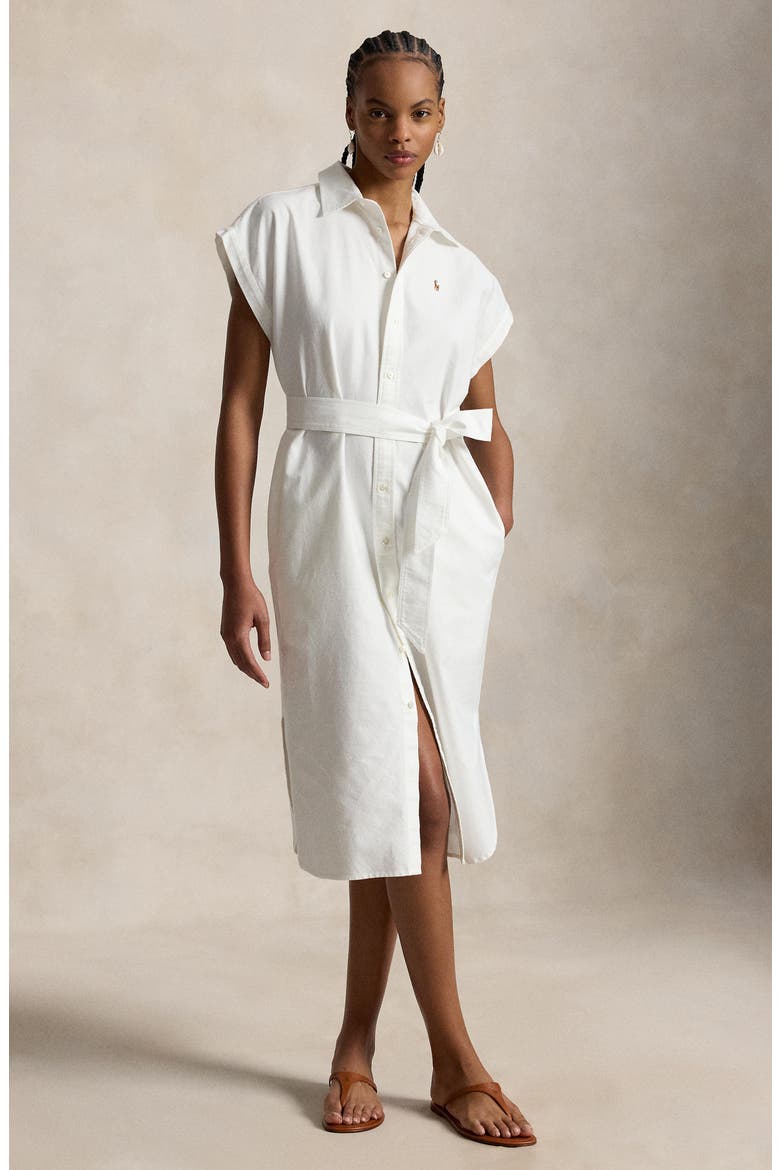 Belted Cotton Midi Oxford Shirtdress, Alternate, color, BSR WHITE
