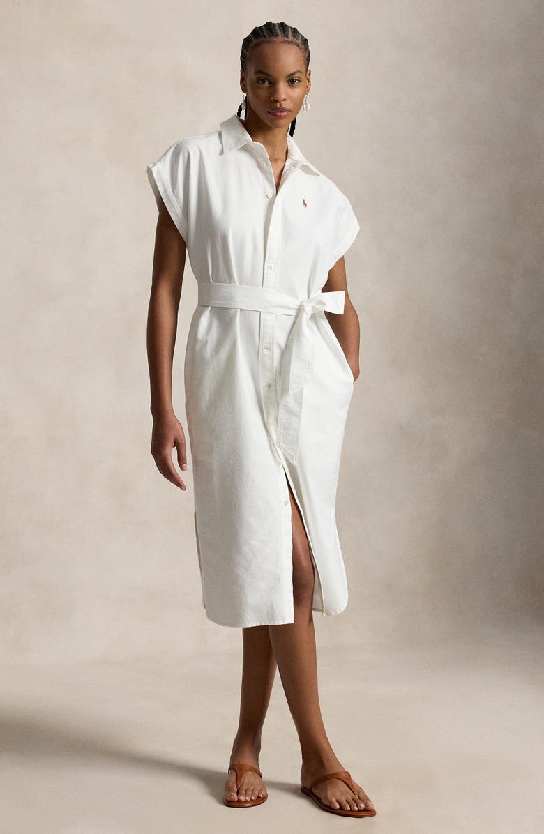 Polo Ralph Lauren Belted Cotton Midi Oxford Shirtdress, Alternate, color, Bsr White