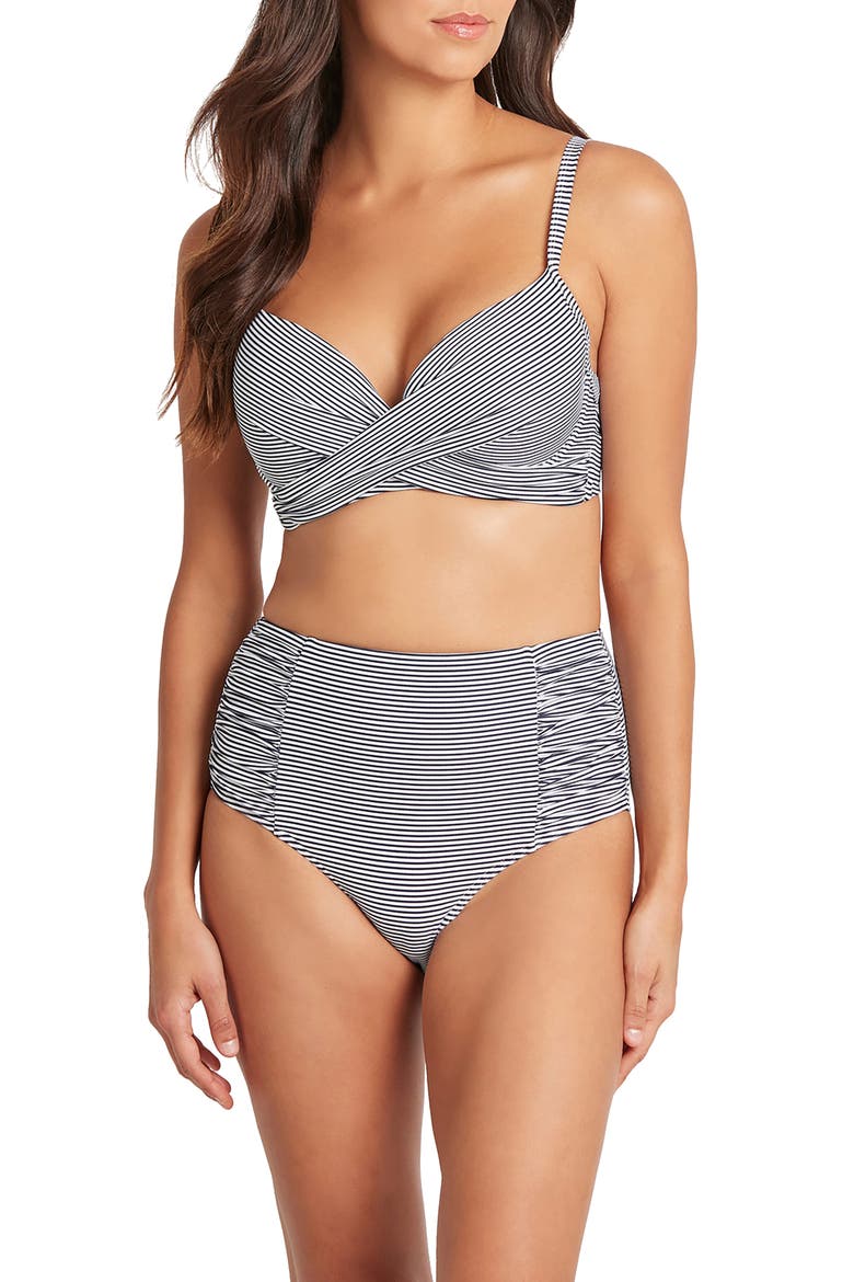 High Waist Stripe Bikini Bottoms, Alternate, color, NIGHT SKY
