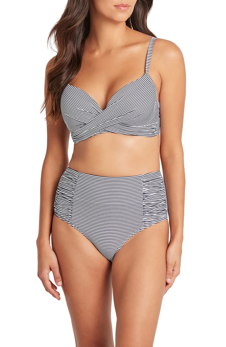 Sea Level High Waist Stripe Bikini Bottoms, Alternate, color, Night Sky