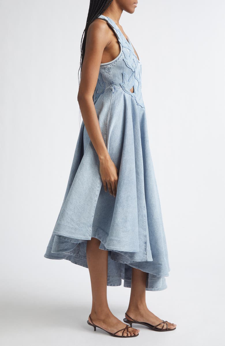 Zimmermann Alchemy Cutout Appliqué Asymmetric Denim Dress, Alternate, color, Sea Foam