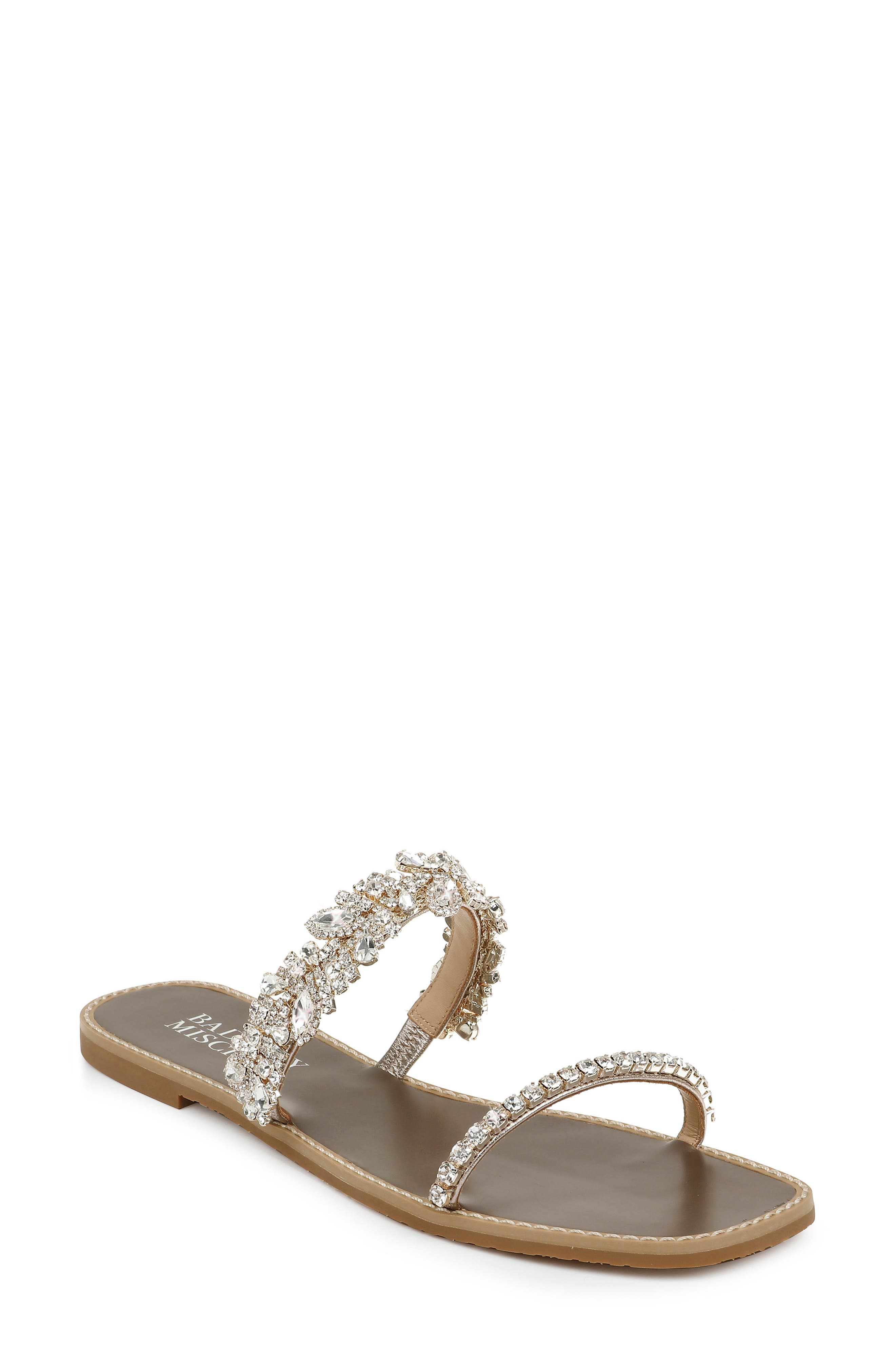 Badgley Mischka Jenelle Embellished Slide Sandal, Main, color, CHAMPAGNE NAPPA LEATHER