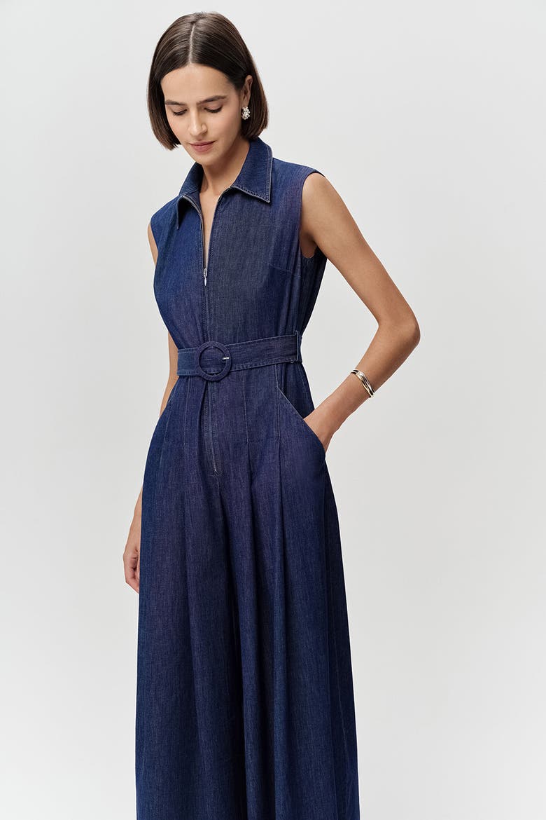 Keith Sleeveless Front Zipper Belted Denim Jumpsuit, Alternate, color, Blue
