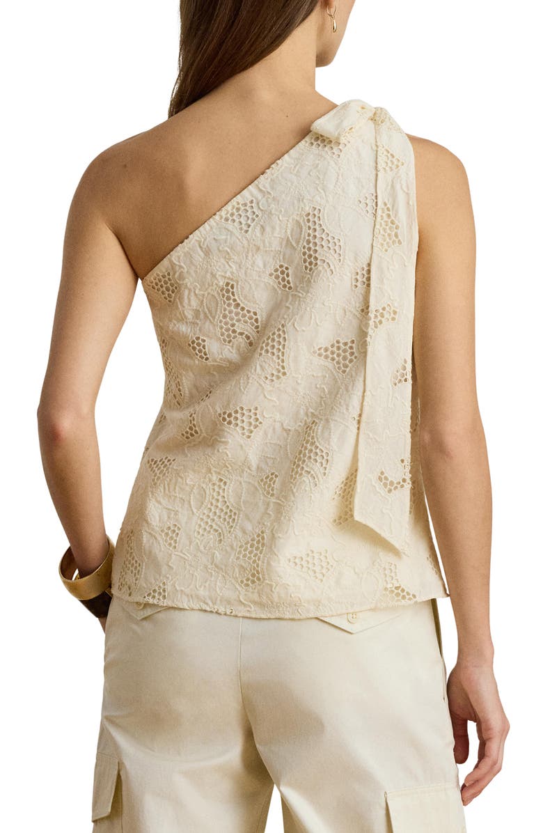 Lauren Ralph Lauren Floral Eyelet Embroidered One Shoulder Cotton Voile Top, Alternate, color, Mascarpone Cream