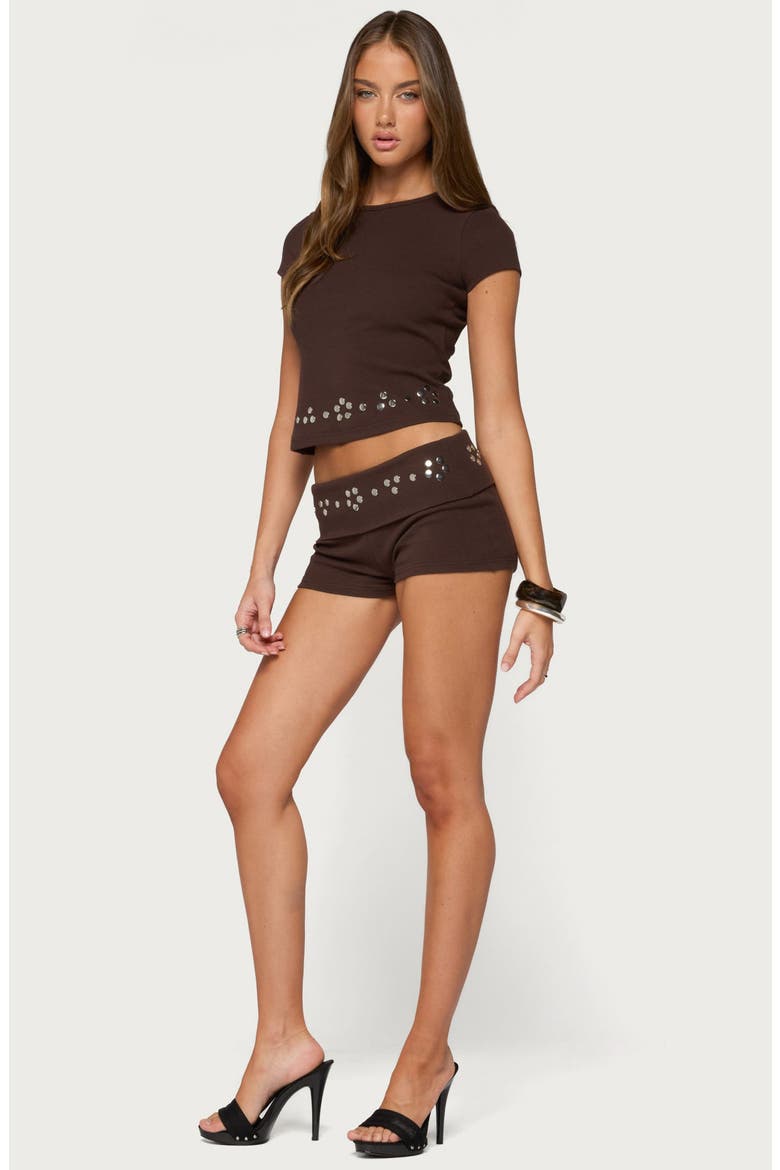Fontey Studded Foldover Micro Shorts, Alternate, color, BROWN