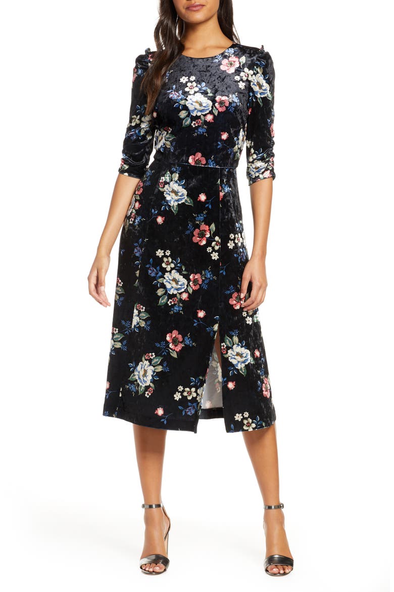 Floral Velvet Midi Dress, Main, color, BLACK