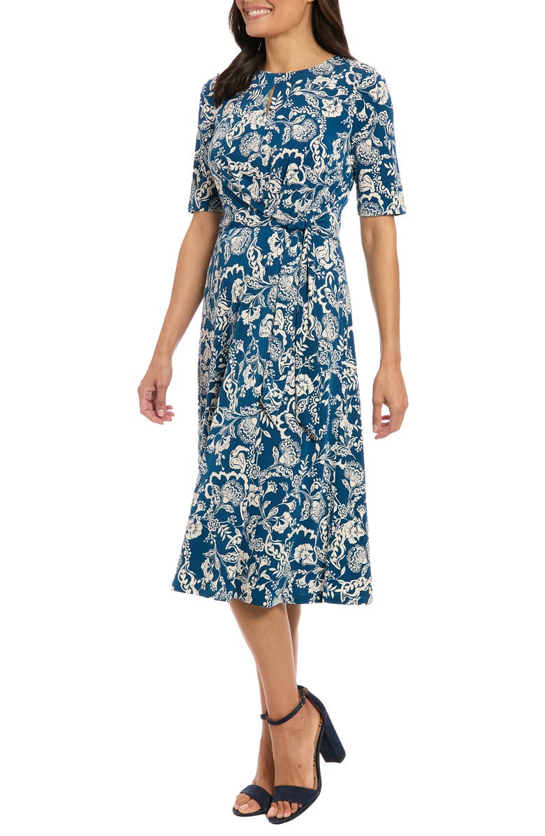 London Times Elbow Sleeve A-Line Dress, Alternate, color, Blue Opal/ Stonewall
