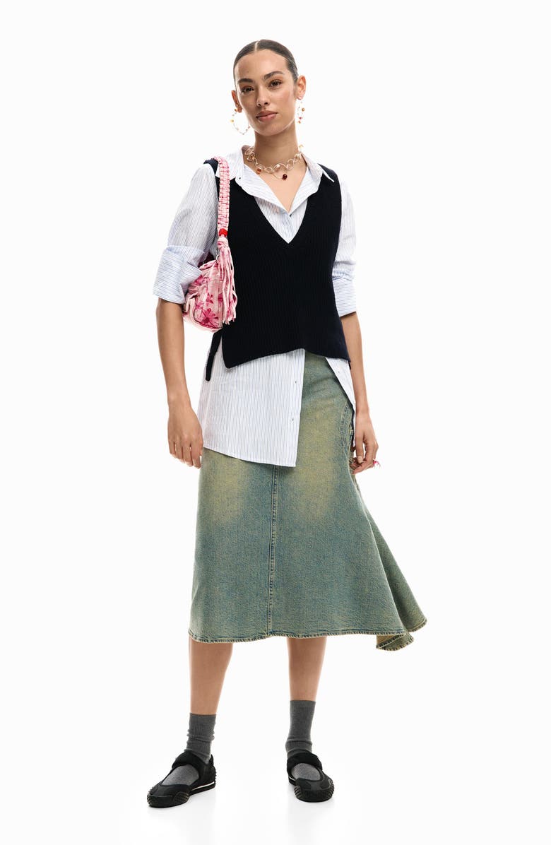 Desigual Stripe Woven Shirt & Sweater Vest, Alternate, color, Black