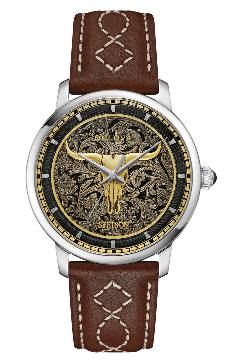 x Stetson Longhorn Automatic Leather Strap Watch, 39mm, Main, color, GOLD-TONE