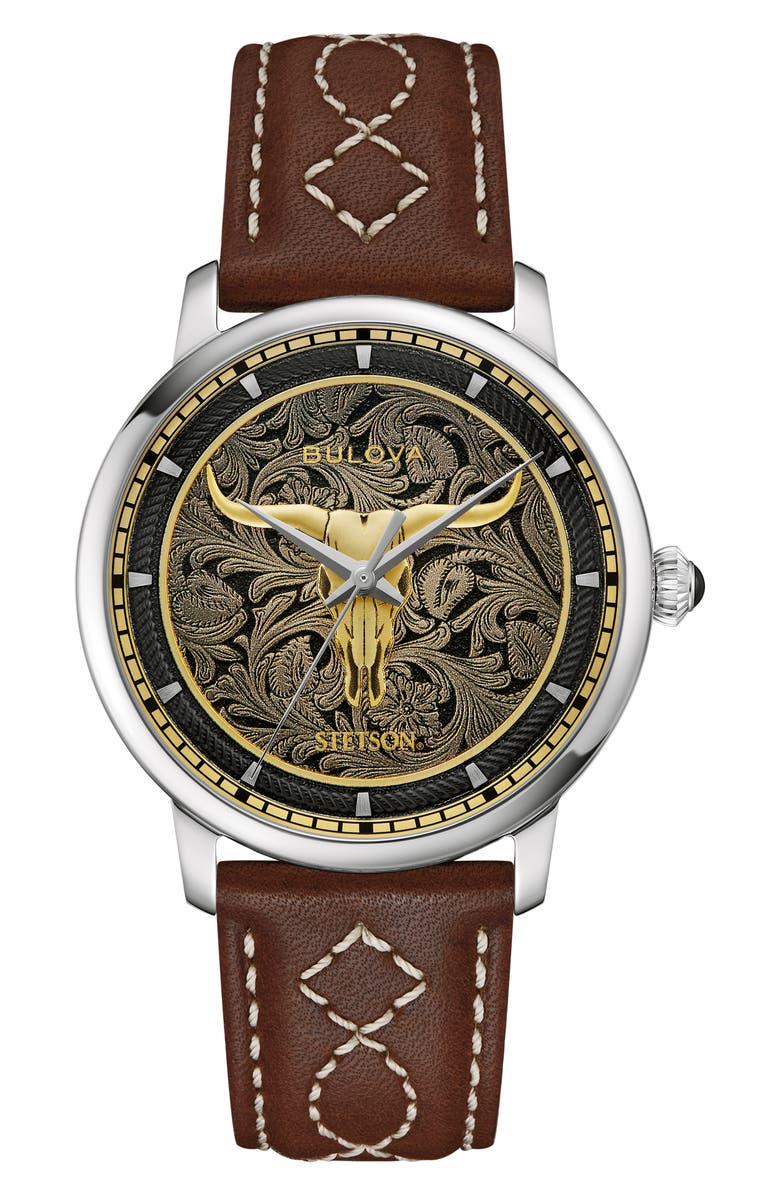 BULOVA x Stetson Longhorn Automatic Leather Strap Watch, 39mm, Main, color, Gold-Tone