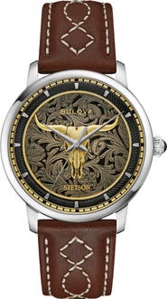 BULOVA x Stetson Longhorn Automatic Leather Strap Watch, 39mm