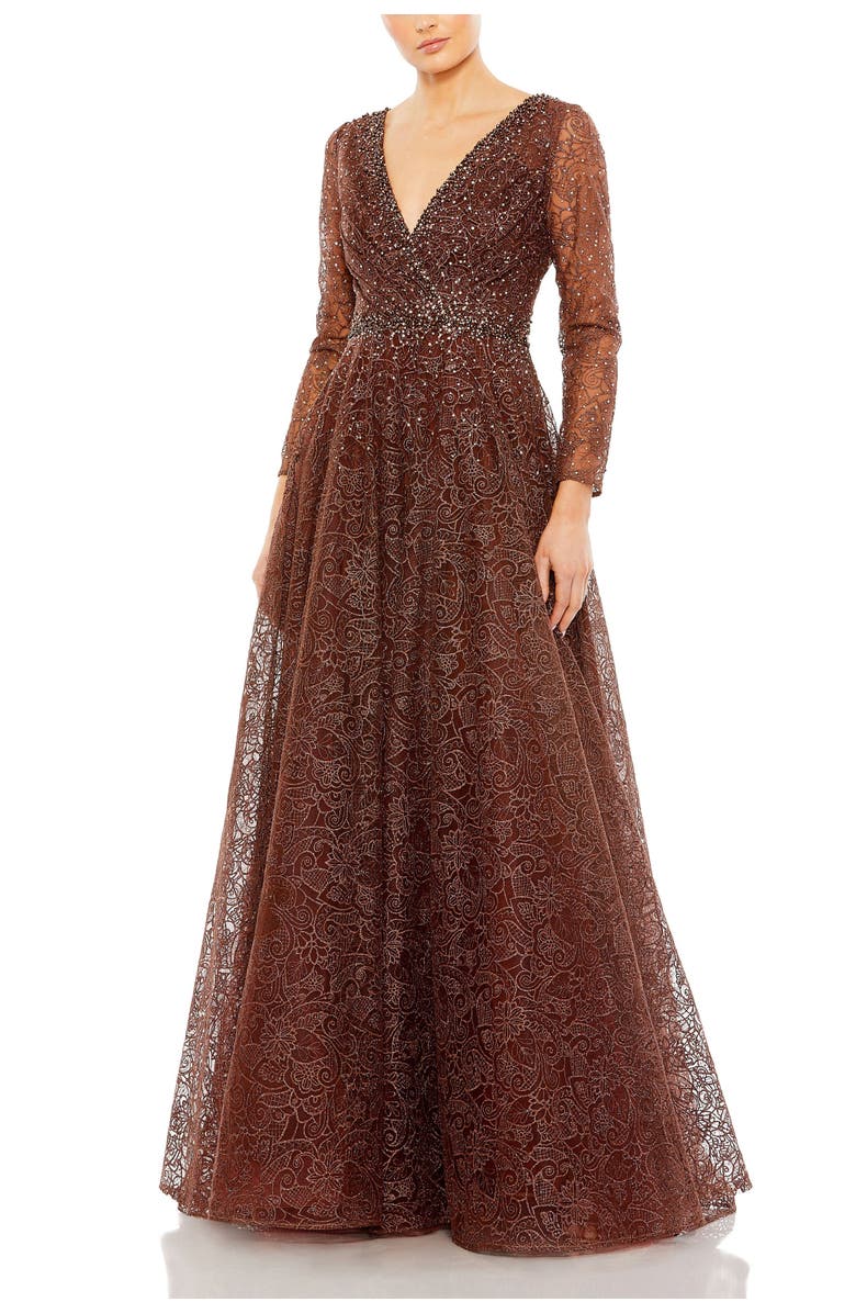 Mac Duggal Embellished Illusion Long Sleeve V Neck Gown, Main, color, Chocolate