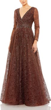 Mac Duggal Embellished Illusion Long Sleeve V Neck Gown
