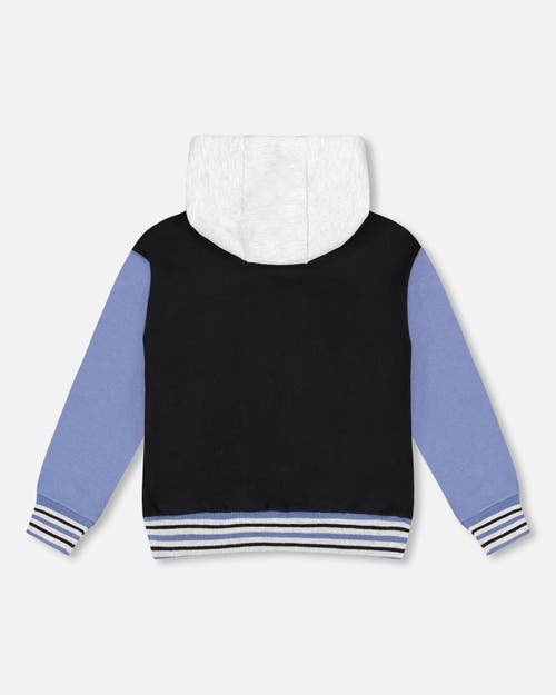 Deux Par Deux Full Zip Hooded Fleece Jacket Varsity In Black