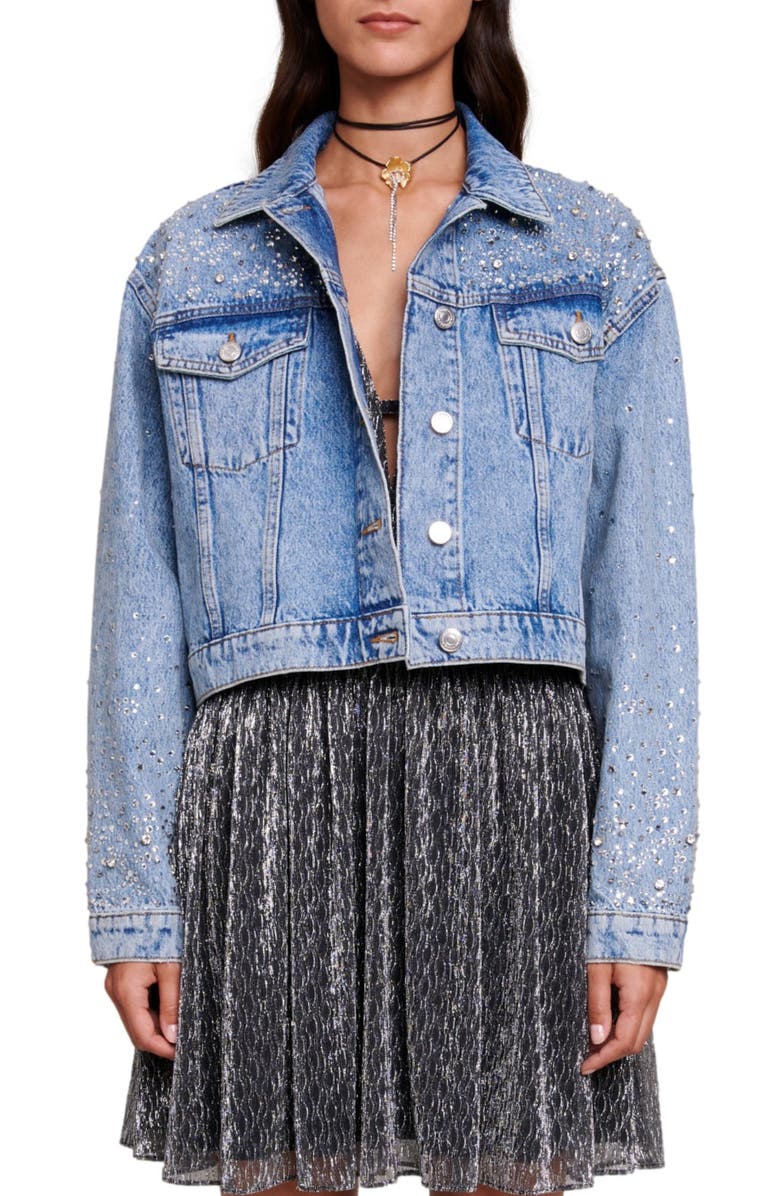 maje Rhinestone Studded Denim Trucker Jacket, Main, color, 