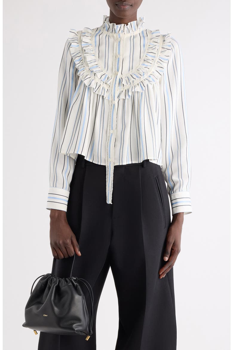 Ruffle Striped Silk Blend Shirt, Main, color, WHITE - BLUE