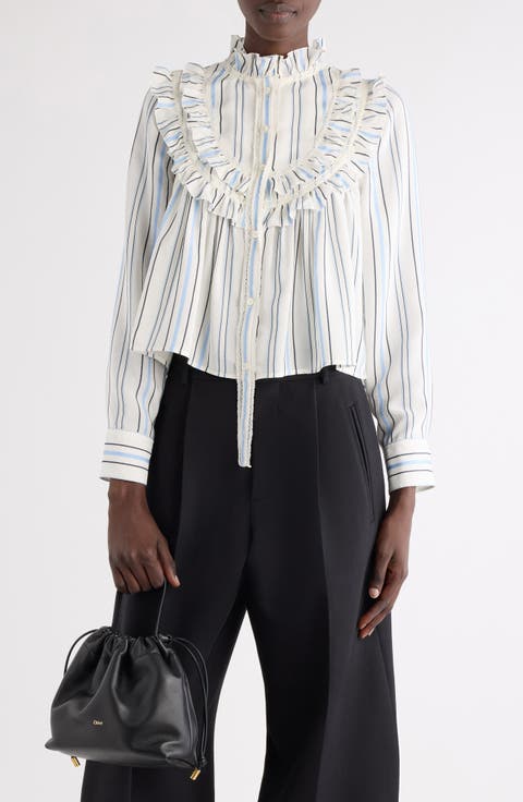 Ruffle Striped Silk Blend Shirt