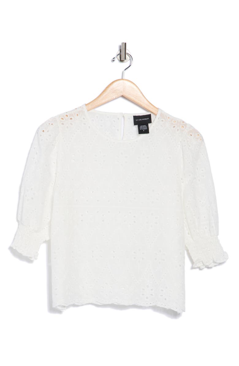 Forgotten Grace Eyelet Cotton Puff Sleeve Top, Alternate, color, White
