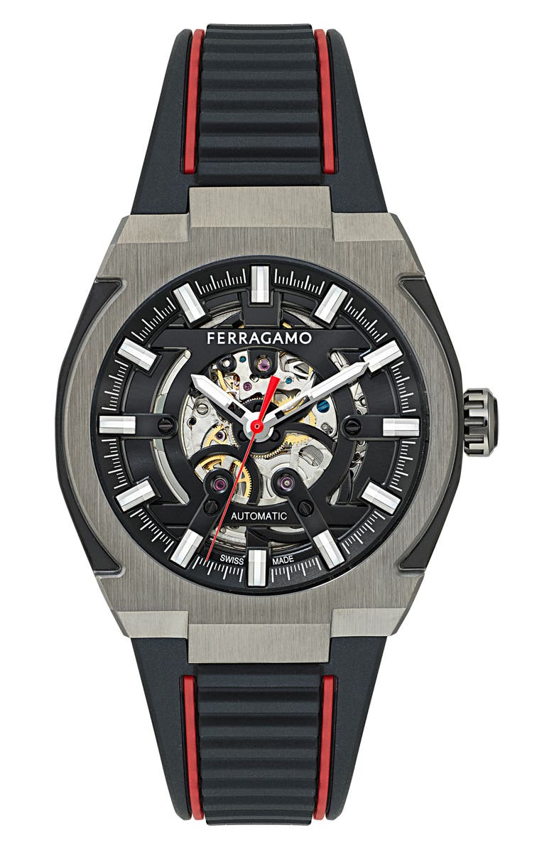 FERRAGAMO Supreme Skeleton Recycled Polyurethane Strap Watch, 43mm, Main, color, 